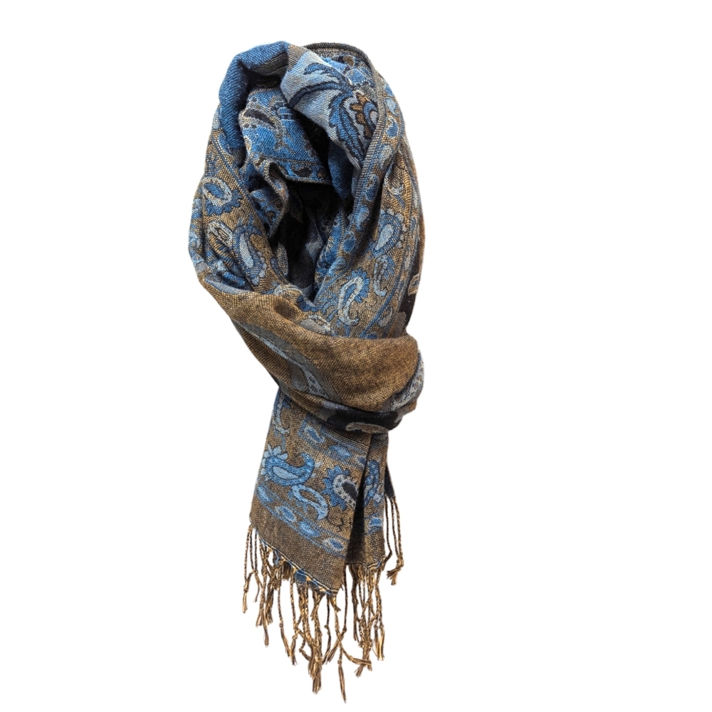 Blue gold paisley cashmere pashmina with fringe scarf wrap